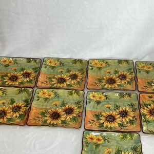MAXCERA 9" Mustard Sunflower Hand Painted‎ SQUARE PLATE HTF VGC Set Of 9